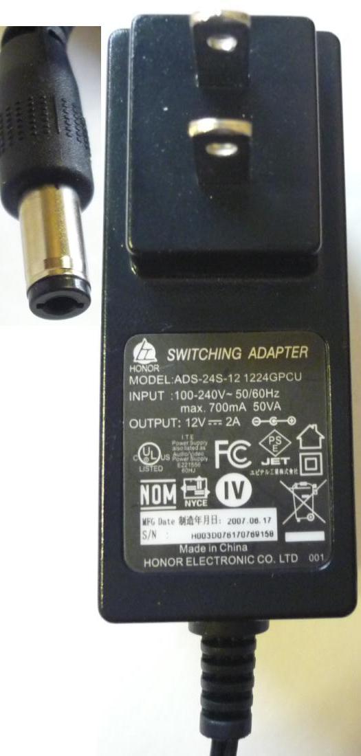 HONOR ADS-24S-12 1224GPCU SWITCHING ADAPTER 12V 2A